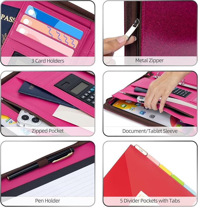 Ospelelf Zipper Clipboard with Storage, Leather Padfolio Portfolio Folder, 3 Ring Binder Dividers with Tabs, 12.1” Tablet Sleeve, Refillable Notepad, Card Slot (Rose Red) - Image 4