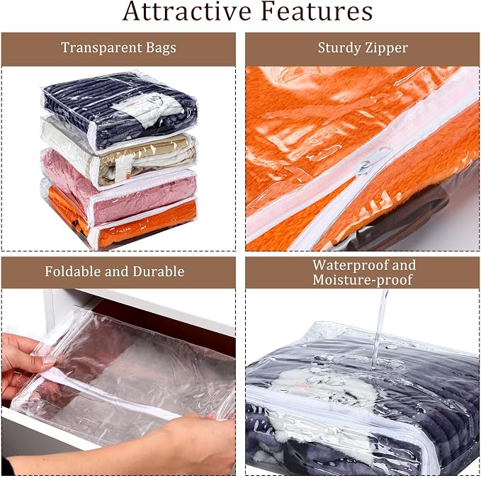 Kingdder 16 Pcs Clear Zippered Storage Bags Plastic Sweater Bag with Zipper | 10 x 10 x 2.5 Inch Vinyl Sheet Organizer and Storage for Clothing Blankets Sheet Linen Bed Pillow Cube Organizer - Image 4