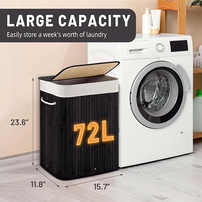 Aliphon 72L Slim Laundry Hamper with Lid, Foldable Bamboo Clothes Laundry Basket with Handles, Removable and Machine Washable Liner, for Bedroom, Bathroom, Dorm, Ink Black - Image 2