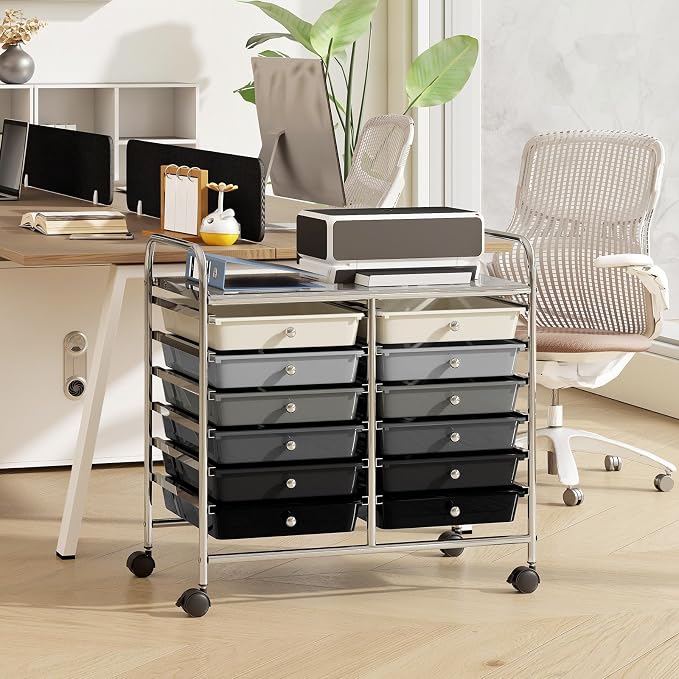 RELAX4LIFE 12-Drawer Rolling Storage Cart - Mobile Utility Cart on Wheels for School Classroom Teacher Office Salon, Paper File Art Supply Craft Organizer, Rolling Cart with Drawers (Gradient Black) - Image 9