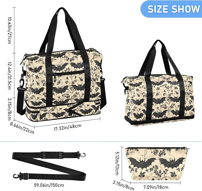 Travel Duffel Tote Bag Bats and Flowers Vintage Sports Duffel Bag with Wet Pocket Weekender Overnight Bag for Women Men Gym Bag, Carry On Bag Hospital Bag for Labor and Delivery - Image 6