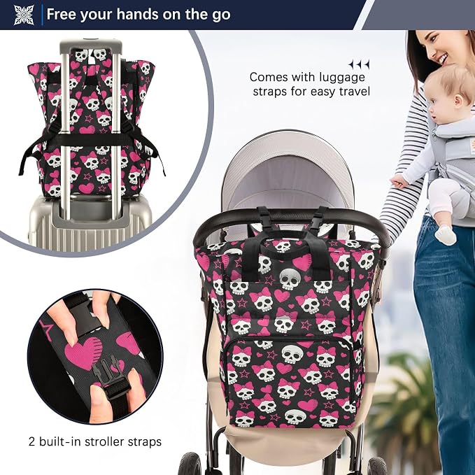 MNSRUU Diaper Bag Pink Hearts and Skulls Diaper Bag Backpack Multifunction Travel Diaper Bag Tote Large Capacity Diaper Changing Backpacks for Moms Dads - Image 4