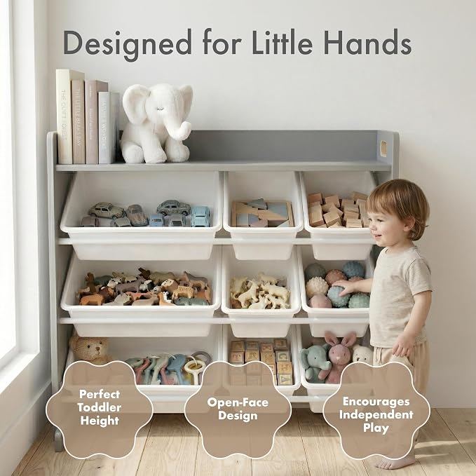Humble Crew Kids Toy Organizer with Display Shelf, 9 Bins, 3 Tier Storage | Sturdy wood and steel toddler shelf, removable BPA-free containers, wall anchor anti-tip safety kit for bedroom or classroom - Image 4
