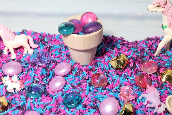 Unicorn Sensory Bin Kit for Kids | Pink, Purple & Blue Rice, Unicorn Figurines & Charms, Crystals & Wooden Tools – Includes Clear Storage Bin - Image 6