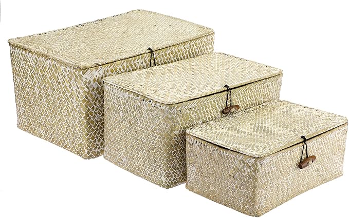 Hipiwe Set of 3 Wicker Storage Basket Bin with Lid Large Woven Seagrass Box | Handmade Shelf Basket Bins Rectangular Nesting Household Organizer Boxes for Shelf Closet Wardrobe Organizer, Whitewash - Image 8