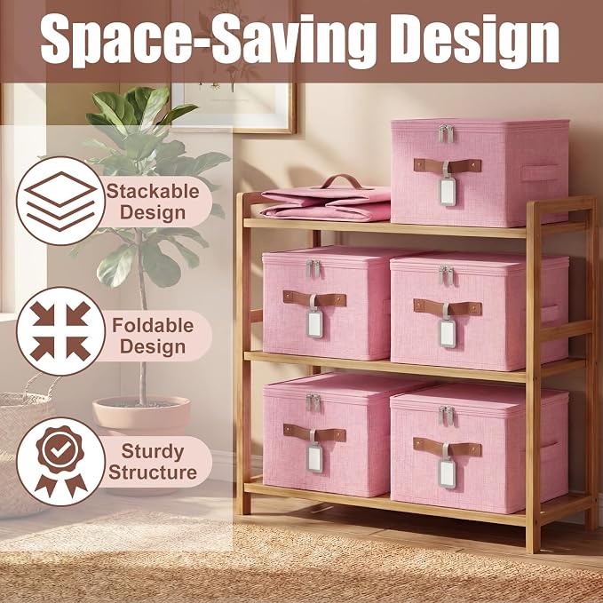 6 Pack Fabric Bins with Lids, 10 x 8 x 7 Inch Fabric Storage Bins with Zipper Lids and Labels, Decorative Foldable Storage Cubes with Handles for Closet Nursery Shelf Organization, Pink - Image 5