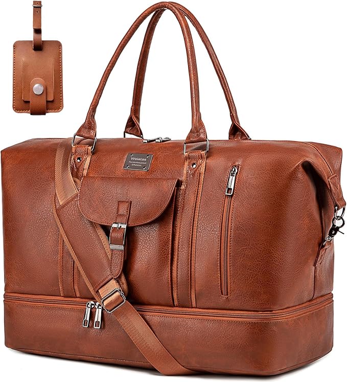 weiatas Faux Leather Travel Duffel Bag for Women Men, Large Weekender Overnight Bag with Shoes Compartment, Waterproof Carry On Bag Travel Tote Bag Gym Bag with Luggage Strap (Brown) by weiatas