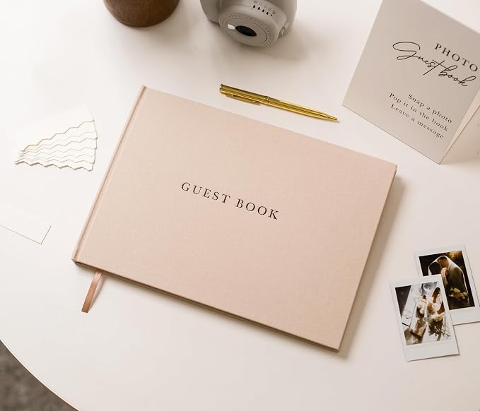 Real Linen Guest Book Set - 11.5 x 8.5 Embossed Guestbook for Weddings, Showers, Events, Blank & Lined, Comes with Sign, Pen, Box and Photo Sleeves, 120 Pages (Oatmeal) - Image 3