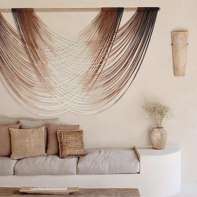 Macrame Wall Hanging Brown Dip Dyed Boho Fiber Art Decor 57"W*35"L | Warm Brown Gradient Design, for Living Room Bedroom Headboard Accent, Handwoven Yarn Texture, Boho Fiber Art - Image 4