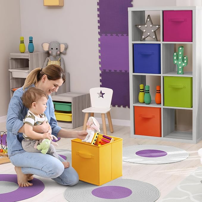 Sorbus 11 Inch Fabric Storage Cubes - Sturdy Collapsible Bins With Handle - 6 Foldable Baskets for Organizing Clothes, Toys, Books - Multi Colored Storage Baskets for Shelves, Kids Room, Closets - Image 2