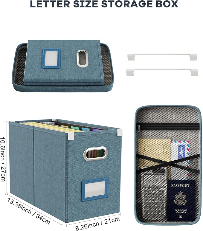 File Organizer with Lid, Hanging Filing Box with Mesh Pocket, Document Organizer for Letter Files, Portable Storage Box with Smooth Sliding Rail for Office&Home (2 PCS, Dark-blue) - Image 2