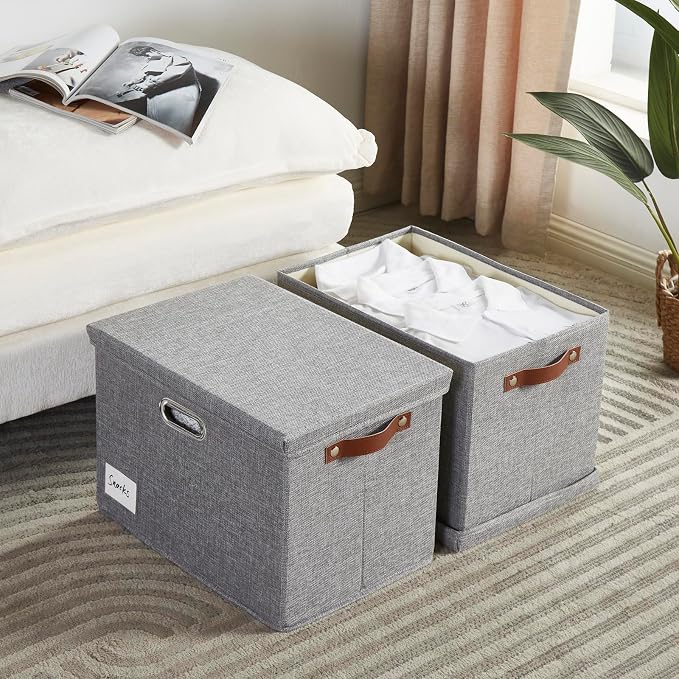 17" Large Fabric Storage Box with Lids, 3-Pack, Gray | Stackable, Foldable, 2 PU Handles and 2 Metal Handles, Decorative Fabric, For Home, Bedroom, Closet, Office, Nursery - Image 2