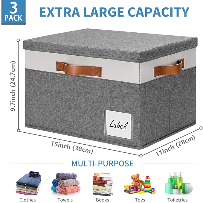 GhvyenntteS Storage Bins with Lids 3 Pack, Large Storage Baskets with Lids and Label, Foldable Fabric Storage Boxes with 3 PU Handles for Organizing Shelves Home Nursery Office (Grey, 15x11x9.6) - Image 2