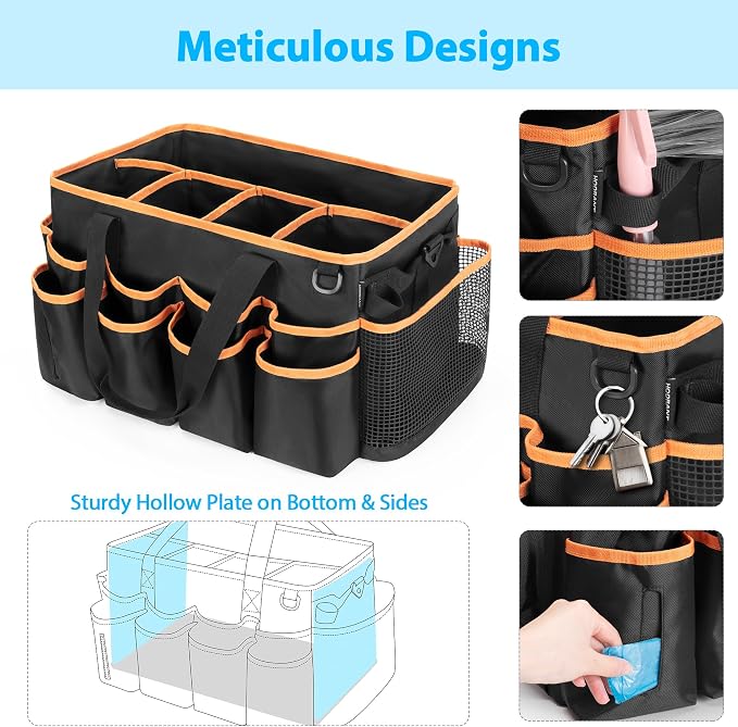 HODRANT Extra-large Wearable Cleaning Caddy with Pad, Handle & Divider | Cleaning Organizer Bag for Clean Products, Housekeeper Tote Car Wash Tools Bag for Detailing Supplies, Bag Only, Orange Edge - Image 4