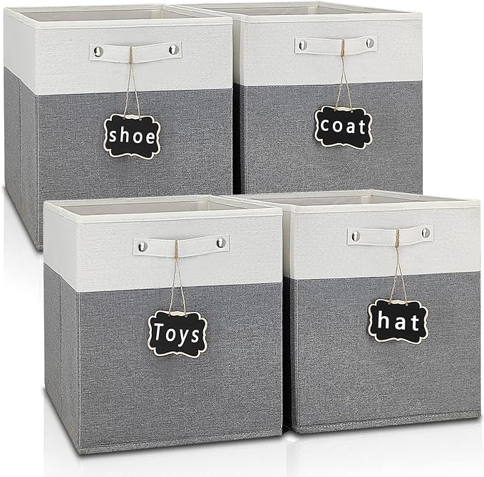 13x15x13 storage cube bins 4 Pack,Collapsible Fabric Storage Cubes with Labels,Linen Cube Storage Organizer Bins with Cotton Handles,Square Storage Cubes for Home,Office,Clothes,Cabinet(White Grey). by Storageexperts