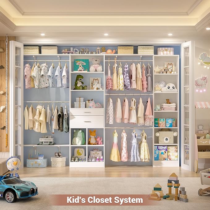 Besiost Closet System - 9.4FT/112" Closet Organizer System with Wooden Drawers,Closet Systems for Walk-In Closets with Hang Rods and Open Cabinet - Image 6