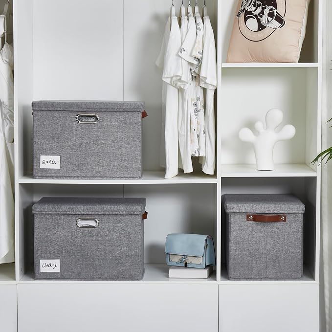 15" Fabric Storage Box with Lids, 3-Pack, Gray | Stackable, Foldable, 2 PU Handles and 2 Metal Handles, Decorative Fabric, For Home, Bedroom, Closet, Office, Nursery - Image 7
