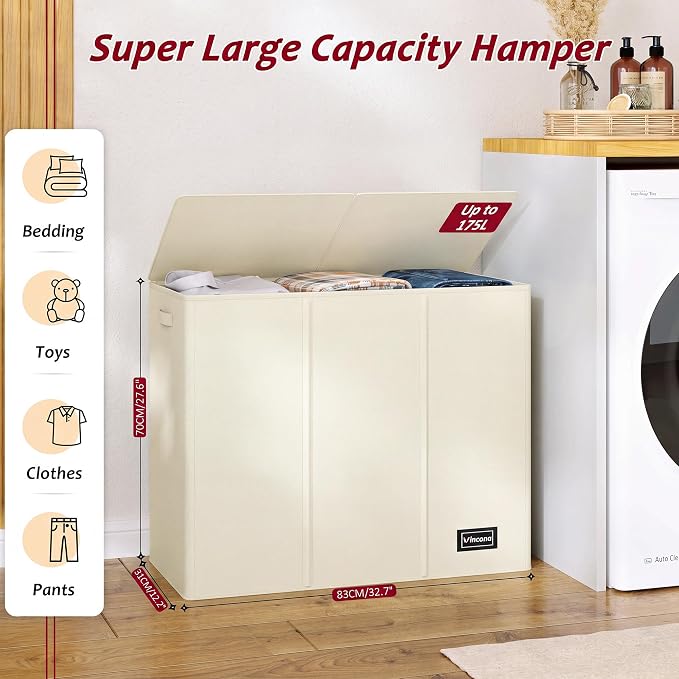 175L Laundry Hamper 3 Section,Large Laundry Hamper with Lid,Dirty Clothes Hamper with 3 Inner Bags,Collapsible Laundry Basket Organizer for Laundry Room,Bedroom,Laundry Sorter Hamper 3 Compartment - Image 2
