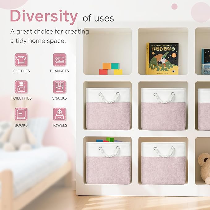 FinishingBo 11 inch Cube Storage Bin with Handles 6 Pack | Foldable Basket, Fabric Storage Bins, Closet Storage, Home Organizer (White/Pink) - Image 6