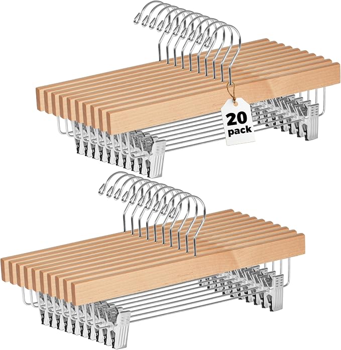 Quality Hangers Wooden Pants Hangers - 20-Pack Swivel Hook Cloth Hanger Set - Lotus Wood Skirt, Pant, Shorts and Slack Hangers with Adjustable Clip (Natural, 20) by QualityHangers