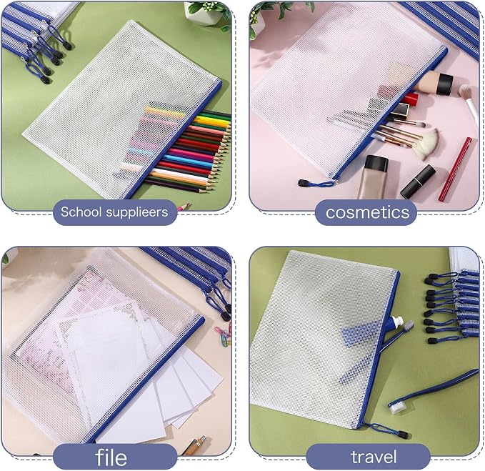 Zhehao 200 Pcs A4 Mesh Zipper Pouch Bulk Waterproof Mesh Zipper Organizer Plastic File Folder Case for School Office Supplies Document Board Games Puzzle (Blue) - Image 5