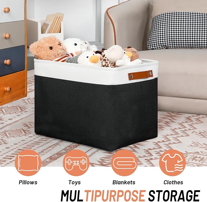 DULLEMELO Large Storage Baskets Fabric Storage Bins, Canvas Storage Basket for Shelf Toys, Decorative Large Storage Bins with Handle for Baby Gift(White&Black) - Image 2