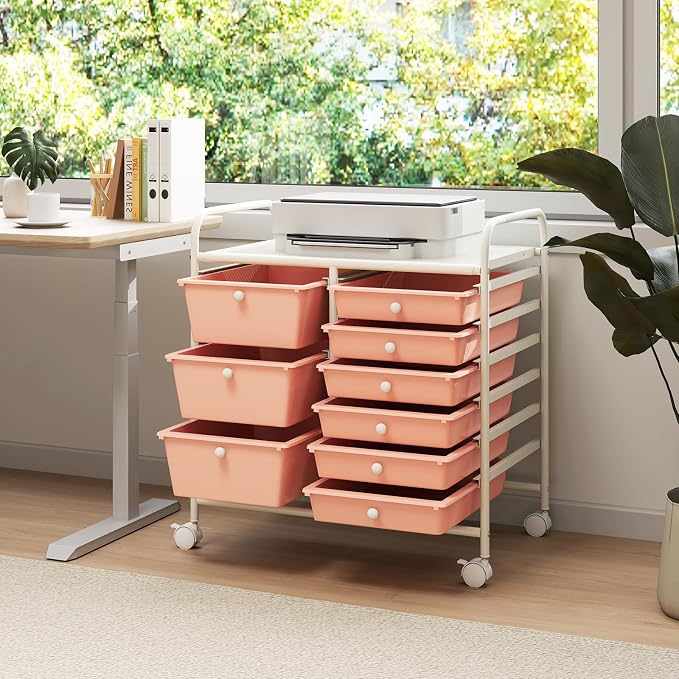 9 Drawer Rolling Storage Cart, Rolling Cart with Drawers for Classroom, Art Supply Craft Organizer on Wheel with Metal Frame & Handles for Home Office School - Image 7