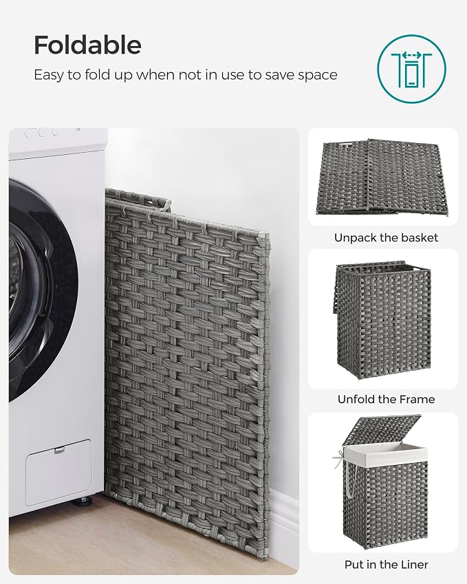 SONGMICS Laundry Hamper with Lid, 23.8 Gallon (90 L) Synthetic Rattan Clothes Laundry Basket with Lid and Handles, Foldable, Removable Liner, Dove Gray ULCB51WG - Image 9