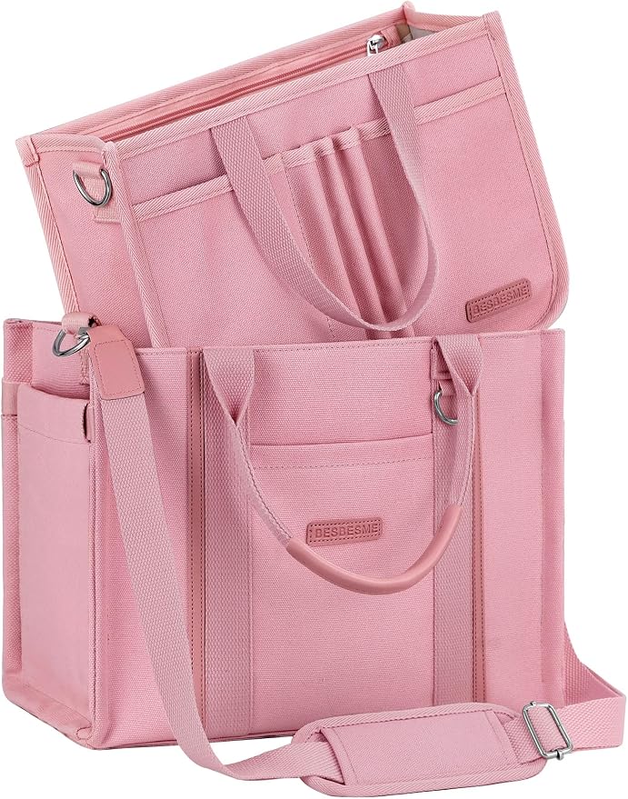 BESBESME Women’s Canvas Tote Bag with Zipper and Compartments – Multi-Pocket Laptop Work Crossbody Shoulder Tote Purse by BESBESME
