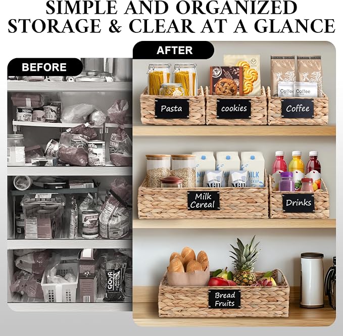 Hand-Woven Pantry Baskets for Organizing, Large Wicker Storage Baskets for Shelves with Labels, 2 Chalk Markers & Handles, 3 Pack Hyacinth Storage Bins for Pantry Kitchen Laundry Shelf - Image 6