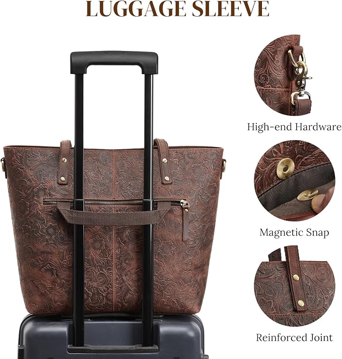 S-ZONE Leather Tote Bag for Women Large Work Totes Designer Handbags | Vintage Grain Crazy Horse Leather, Adjustable Strap, Fits 14" Laptop, Multi Pockets, Rose Embossed Tote, Travel Daily - Image 5