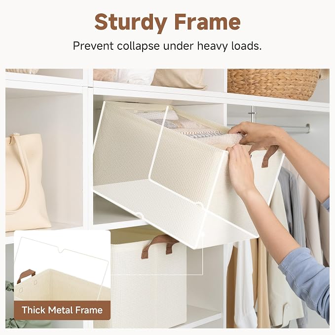 StorageWorks 45L Closet Storage Bins, Storage Baskets, Beige, 2-Pack | Extra Large, With Reinforced PU Handles, Metal Frame, Collapsible, for Shelves, Closet, Holds Clothes, Towels, Blankets - Image 4
