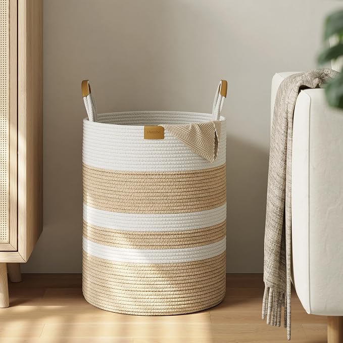 Nunsino 62L Striped Laundry Hamper with Leather Handles,Large Foldable Laundry Basket for Clothes,Cotton Rope Storage Bin for Blankets,Woven Clothes Basket for Bedroom, Beige Stripes by Nunsino