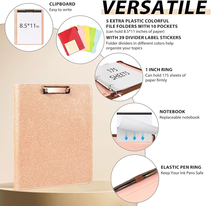 Leather Clipboard with Storage, Zippered Padfolio Portfolio Organizer, 3 Ring Binder 1 Inch, Notepad, Tablet Sleeve, 5 Dividers with Pocket, Stickets for Office, Nurses, Students, Teachers Rose Gold - Image 3