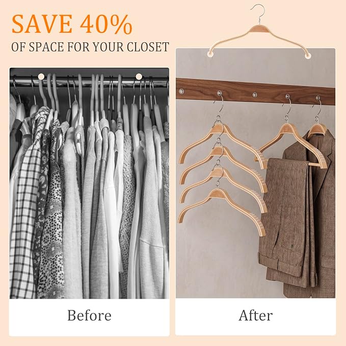 LemonRoad 30 Pack Space Saving Wooden Hangers with Vertical Stacking Hooks, Slim Natural Wood Clothes Hangers, No Shoulder Bumps, Non Slip Rubber Grips, 360° Swivel Hooks for Sweaters, Shirts - Image 3