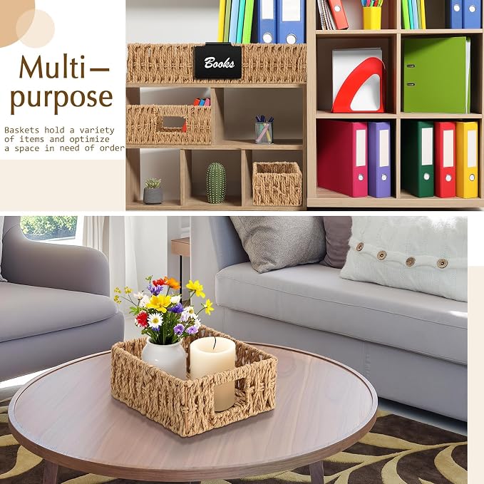 Marsui 9 Pcs Paper Rope Storage Baskets with Handle Labels Handwoven Multi-size Primary Color Storage Bins for Organizing Small Baskets Container for Shelves Closet Pantry Toilet - Image 5