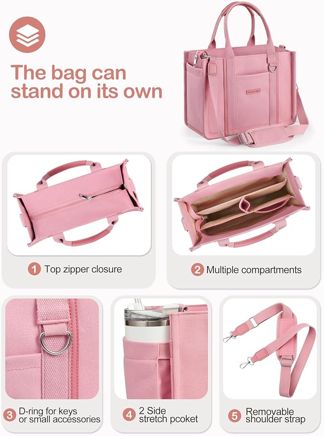 BESBESME Women’s Canvas Tote Bag with Zipper and Compartments – Multi-Pocket Laptop Work Crossbody Shoulder Tote Purse - Image 2