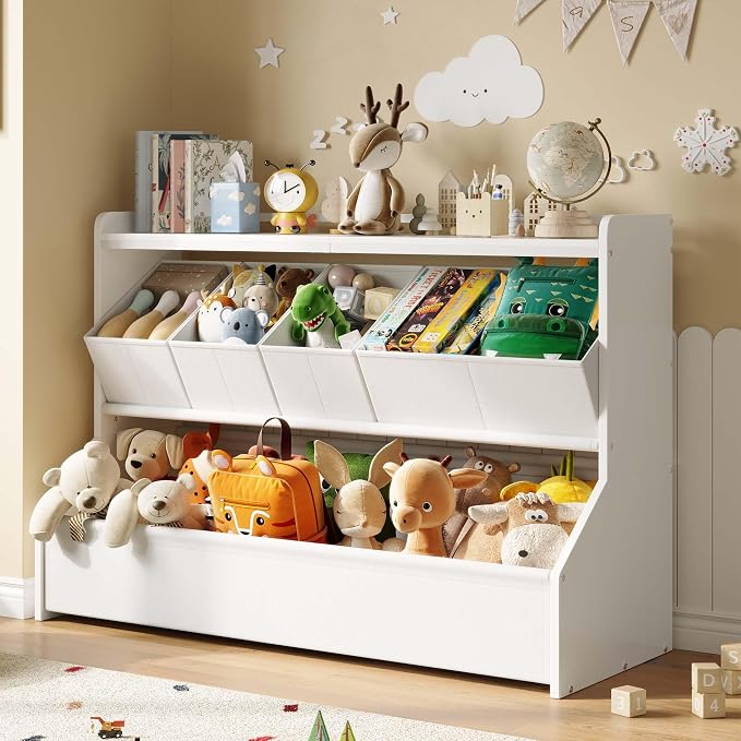 FOUCSSOMEI Extra Large Toy Storage Organizer for Kids, Wooden Toy Organizer and Storage with Bookshelf, 3 Removable Bins and Large Storage Bin, Toy Shelf for Playroom, White, Patent Design by FOUCSSOMEI
