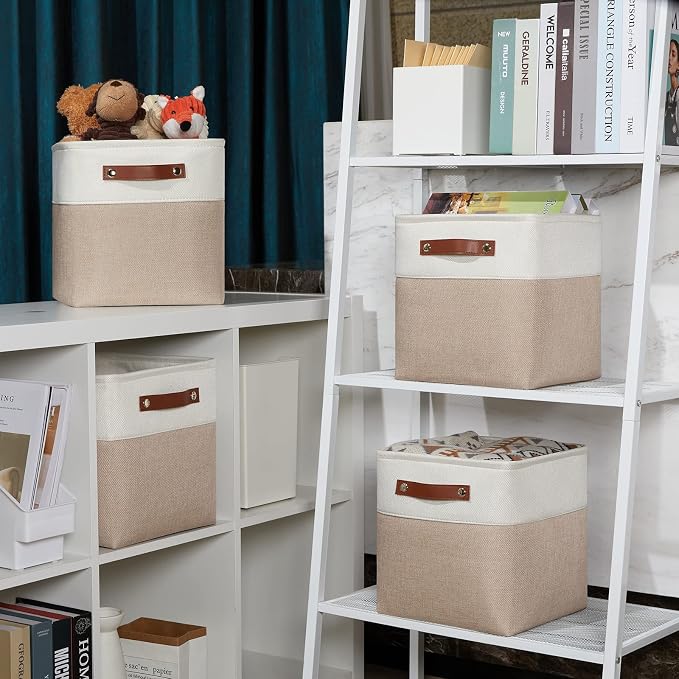 DULLEMELO 11 inch Cube Storage Bins, Large Collapsible Grey Storage Baskets for Square Cubes Organizing, Fabric Boxes Bins for Shelves Nursery Home Office Storage(4 Pack - 11" White&Khaki) - Image 4