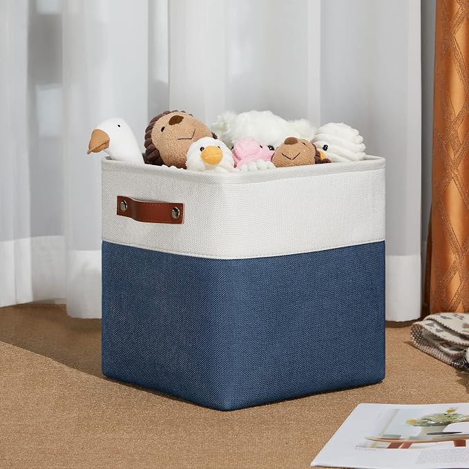 DULLEMELO [Set of 4 Storage Cubes Baskets for Organizing, 11 x 11 x 11 inch Cube Storage Organizer Bins with Leather Handles, Foldable Fabric Cloth Bins for Cube Storage(4 Pack - 11" White&Blue) - Image 3