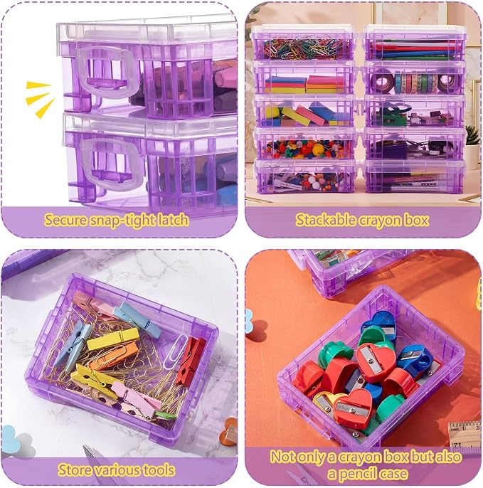 Suzile 40 Pcs Plastic Crayon Boxes Holds 24 Crayon with Snap Lid Storage Container Clear Stackable Case for School Office Classroom Supplies Pen Pencil Craft(Purple) - Image 3