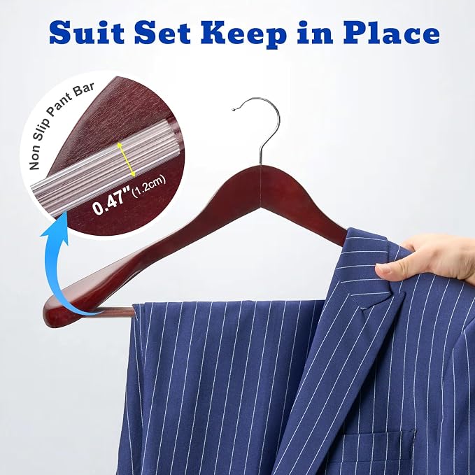HOUSE DAY Wood Suit Hangers for Men, Wide Shoulder Wooden Hangers with Non Slip Pants Bar, Smooth Retro Finish 360° Swivel Hook Solid Wood Coat Hangers for Heavy Clothes Hanger 6 Pack (Cherry Wood) - Image 4