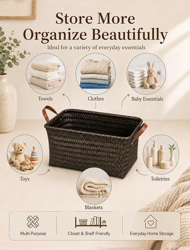 Wicker Storage Baskets, 4 Pack Woven Baskets for Shelves, Dark Gold | PP Rattan, Water-resistant Wicker Basket, Large Baskets with Faux Leather Handles for Blanket, Laundry Organizer, Room Decor - Image 4