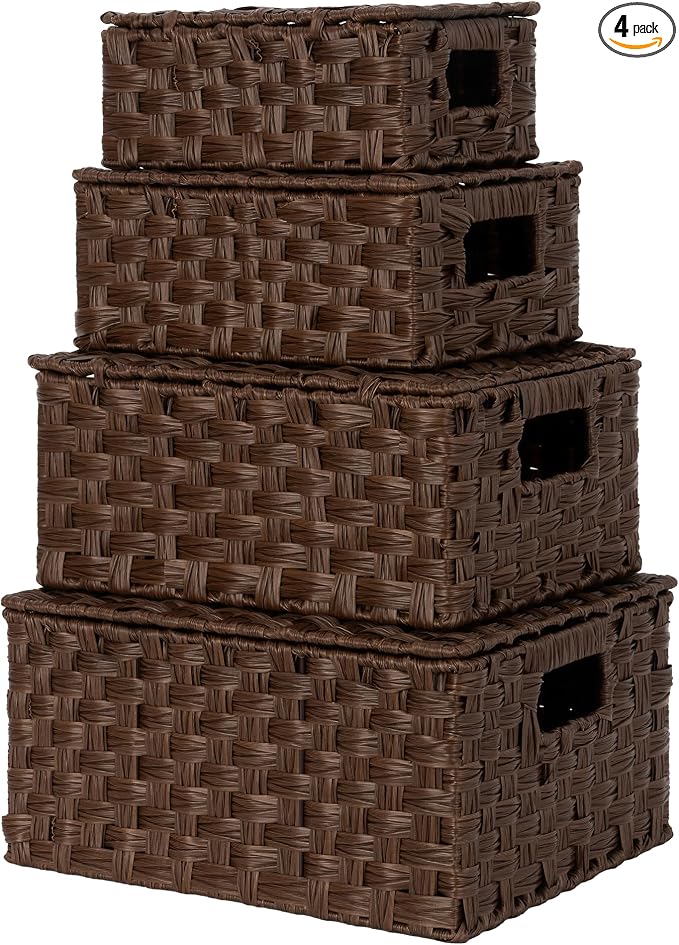 GRANNY SAYS Wicker Basket with Lid, Decorative Storage Baskets for Shelves | Woven Baskets with Lids, Wicker Baskets for Storage, Decorative Storage Boxes, Woven Stackable Basket with Lid, 4 Pack by GRANNYSAYS