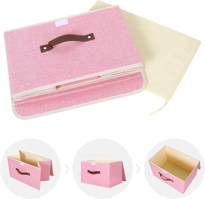 ANMINY Fabric Storage Box Bins with Lids, Pink, 15"x10"x10", 2 Pack | Keepsake Memory Storage, Cotton Linen, PP Board Reinforced, Washable, PU Handles, Foldable & Stackable, Decorative, Large - Image 8