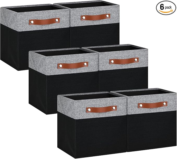 11 Inch Cube Storage Bin - 6 Pack - Linen Fabric 11x11 Cube Storage Bins for Bedroom, Living Room, Clothes and Toys; Foldable, Dual Leather Handles by Pomatree