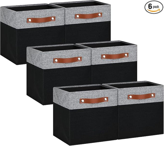 13x13 Storage Cubes - 6 Pack - Linen Fabric 13 Inch Cube Storage Bins for Bedroom, Living Room, Clothes and Toys; Foldable, Dual Leather Handles by Pomatree