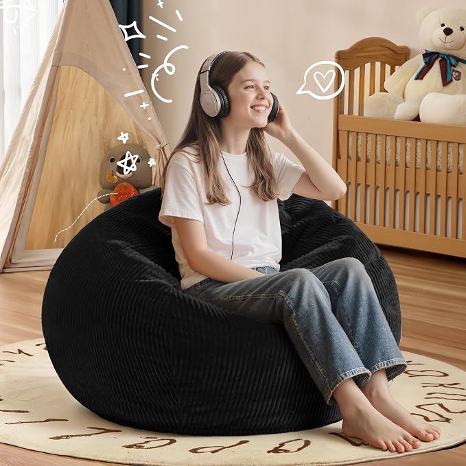 2FT Bean Bag Chair: 2' Small Bean Bags with Memory Foam Filled | Beanbag Chairs with Handle,Teardrop Bean Bag Sofa with Corduroy Machine Washable Cover for Living Room,Bedroom-Black - Image 6