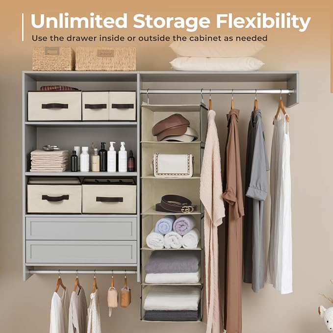GRANNY SAYS Hanging Closet Organizer, 5 Drawers, 6 Shelves, 6 Pockets | Hanging Closet Organizer with 5 Different Drawer Designs, 6 Shelves & Reinforced Structure for Organized Small Space, Beiges - Image 4