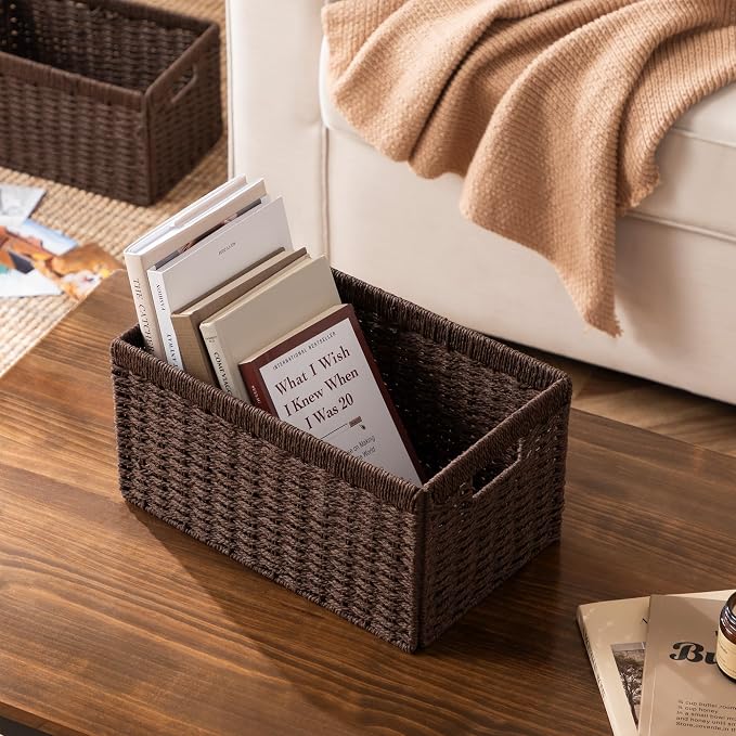 UBBCARE 2 Pack Wicker Basket, 13.4L×8.3H×7.1W inch Woven Paper Rope Storage Baskets for Shelves, Foldable Rectangular Storage Baskets with Handle, Storage Basket for Organizing, Dark Brown - Image 5